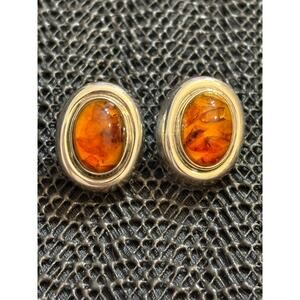 Vintage Genuine Amber Sterling Silver Stud Earrings 0.75"